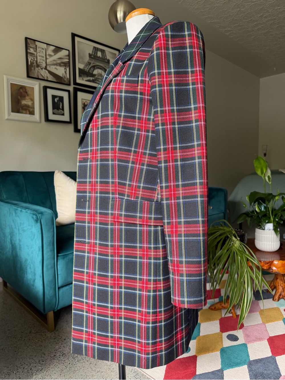 ASOS Two-Tone Plaid Long Blazer Coat in Red & Green - Picture 2 of 4